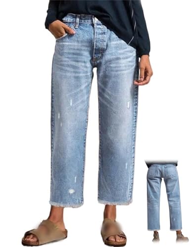 Jean capri droit femme avec ourlet effiloché et poches amples