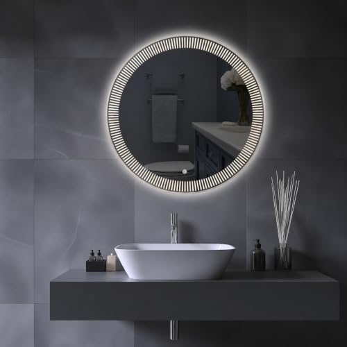 Image of Stripes Line Border LED Mirror for Bathroom Smart Touch Sensor Wall Mounted LED Mirror Light Vanity Mirror with Warm White Natural Light for Living Room Bedroom Dressing Table Wall Decor