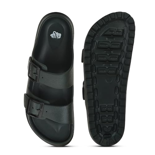 Image of Liberty A-HA COMMIT Slippers for Men - Black, Light Grey & Olive Green | Casual Slip-on Flats /Slippers Footwear - Buckle Closure | Casual Outdoor Chappal, Monsoon, Rainy Season Footwear for Man