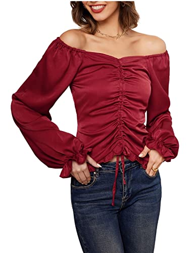 Off Sholder Satin Vintage Blouse For Women Lantern Long Sleeve Drawstring Adjustable Tops Ruffled Shirt Off Shoulder Wine Red Xl #TOP24