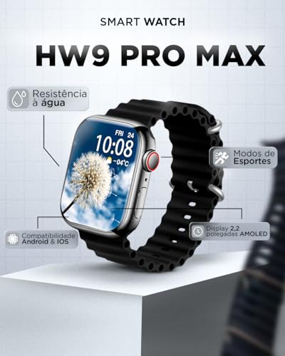 Relógio Inteligente Smartwatch HW9 PRO MAX 3 Pulseiras Removíveis, Tela AMOLED Premium 2.2 Polegadas