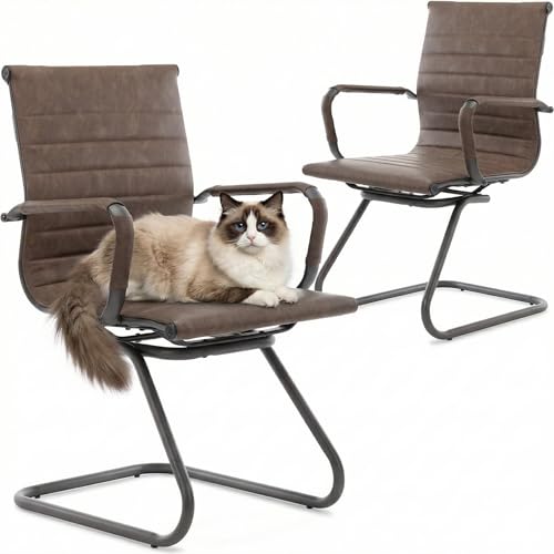 Image of HNY Leather Office Guest & Reception Chairs Set of 2, Modern Waiting Room Chairs with Arms, Desk Chair no Wheels with Sled Base for Waiting Room /Conference Room, Retro Brown