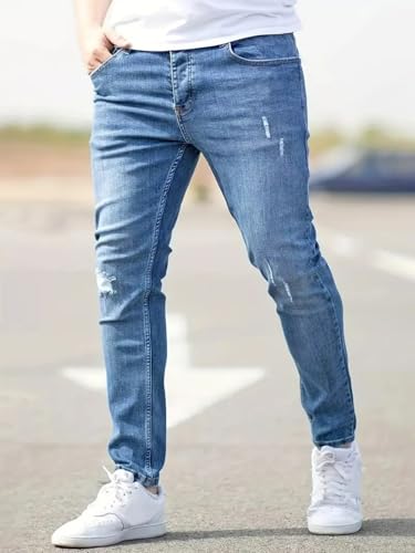 Pants Jeans Denim Trousers Street Trendy Washed Blue Elastic Tight Tear Hole Casual Commuting Small Leg for Men4