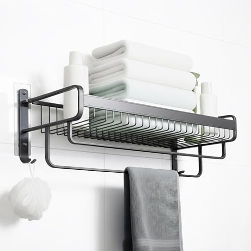 Image of Amazon Basics Premium Aluminum Folding Towel Rack in Bathroom, Towel Rod for Bathroom with Hooks and Hangers, Towel Holder in Bathroom, 24 Inches