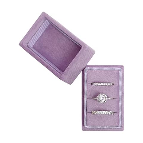 BLUTETE Rectangle 3 Slots Italian Velvet Jewelry Box Engagement Wedding Photo Ring Box Keepsake Box Triple Ring Gift Box (Lavender Flower) Cover