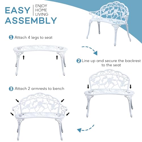 Sun-Ray Premier Outdoor Patio Garden Park Bench, Cast Iron, Antique Rose Style, 3 ft, White