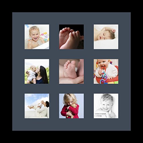ArtToFrames Collage Photo Frame Single Mat with 9-3x3 Openings with Satin Black Frame and Blue Jay mat.