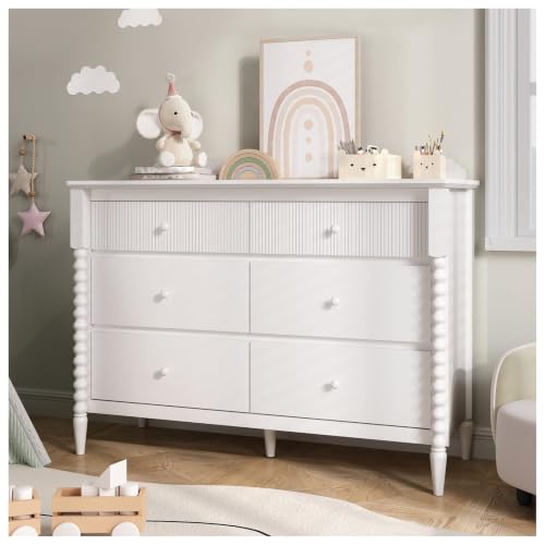 Image of JOINICE White Nursery Dresser for Kids Bedroom, 6 Drawers for Storage | Jenny Lind Spindle Legs Dresser, Baby Clothes Organizer for Toddlers, Children's Room, Anti-tip Kit for Safety