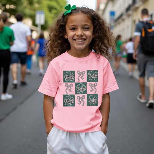 Image of Kid Girls St. Patricks Day Shirts Bow Lucky T-Shirt Shamrock Tees Clover Short Sleeve Tops Irish Outfits 7-12 Years