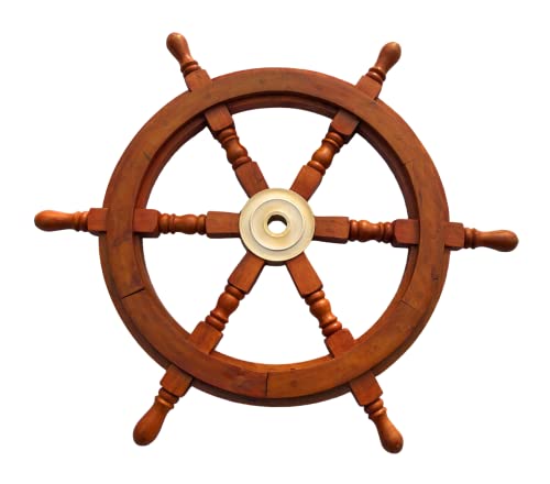 Nauticalmart 24' Wood And Brass Nautical Ship Wheel Marine Decor Hand Crafted Boat Ship Steering Wheel Fish Wall Hanging Wheel For Home, Outdoor &Amp; Ocean