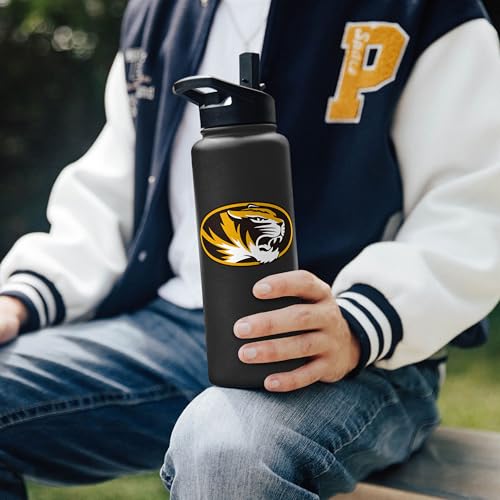 Image of Logo Brands NCAA Missouri Tigers 34 oz Stainless Steel Quencher Bottle - Team Color, Straw Included, No-Spill Lid, Easy Carry Handle - Keeps Drinks Cold For Hours