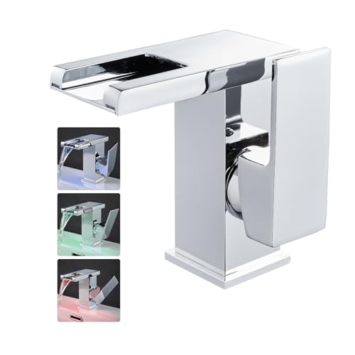 OUGOO Robinet cascade LED en acier inoxydable - Fonctionnement à l'eau - RVB 3 couleurs changeantes - Mitigeur de lavabo avec capteur de température - Mitigeur...