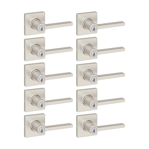 Image of Kwikset Casey Entry Door Handle with Lock and Key, Secure Keyed Reversible Lever Exterior, for Front Entrance and Bedrooms, Satin Nickel, 10 Pack, Pick Resistant SmartKey Rekey Security and Microban