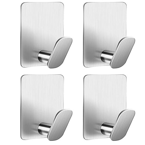 Ganci Adesivi, 4 Pezzi Ganci Portasciugamani Adesivo in Acciaio Inox, Gancio Appendiabiti da Parete e Porta per Appendere, Gancio Adesivo Muro per Cucina, Bagno, Ufficio, Senza Foratura (Argento)
