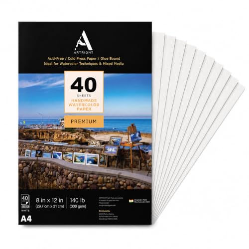 Image of ArtRight Artists' Watercolor Paper A4 300 GSM - 40 Sheets of Handmade Rough Grain Water Colour Papers for Watercolour, Acrylic, Gouache, Ink & Mixed Media