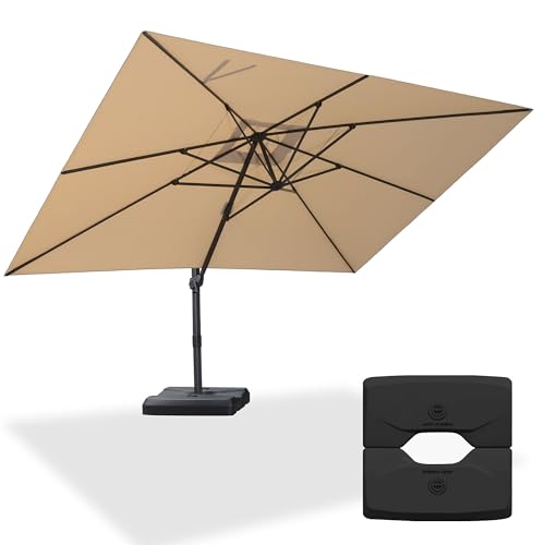 PURPLE LEAF Sonnenschirm Groß 300 x 400 cm mit Ständer Ampelschirm Rechteckig mit Kurbel, XXL Gartenschirm neigbar, 360° Rotation, Bespannung Polyester, für Gärten, Cafés, Terrasse, Beige