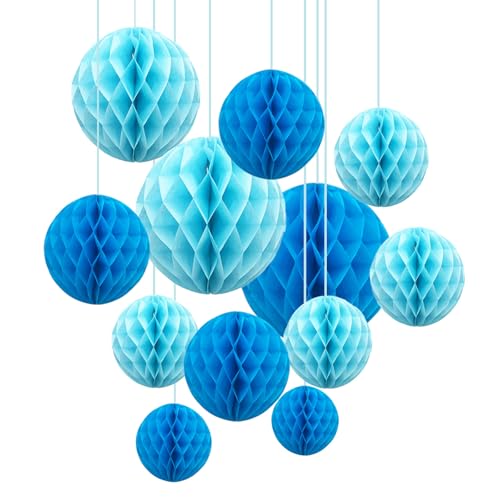 ZYOOO Lot de 12 Boules en nid d'abeille Bleu,Papier Pompom pour Bleu fête Décorations,Fêtes de Jardin en Plein Air, Anniversaires,Mariage,Fête...