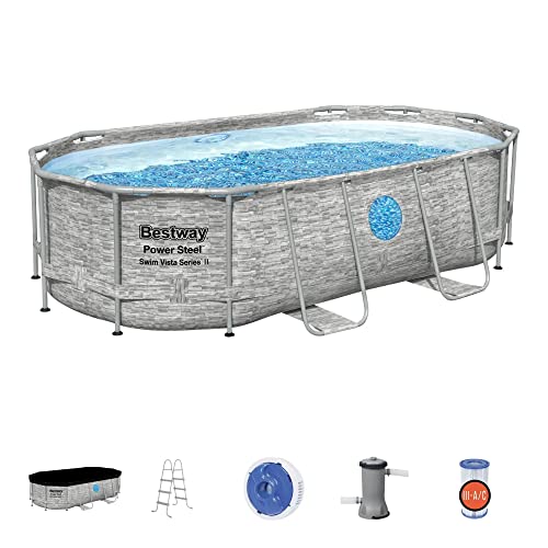 Bestway 56715E Power Steel Swim Vista 14' X 8'2" X 39.5" Outdoor Oval Above Ground Swimming Pool Set With 530 Gph Filter Pump, Cover, & Ladder #TOP21