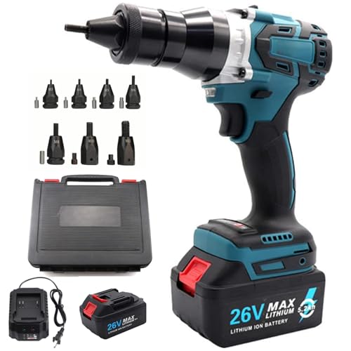 Juego de remachadora eléctrica inalámbrica, herramienta de remachado automático con batería de 26 V, remachadora portátil para tuercas de remache de aluminio y hierro