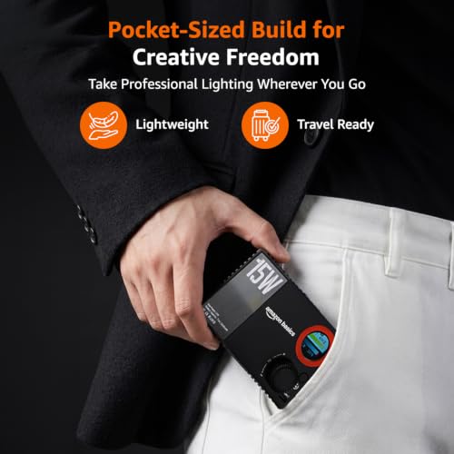 Image of Amazon Basics RGB Pocket Fill Light 15W Portable LED Camera Light, 1800-9000K Bi-Color & Full RGB, 2600mAh Rechargeable On-Camera Video Light with Type-C Charging for Photography, Vlogging, Streaming