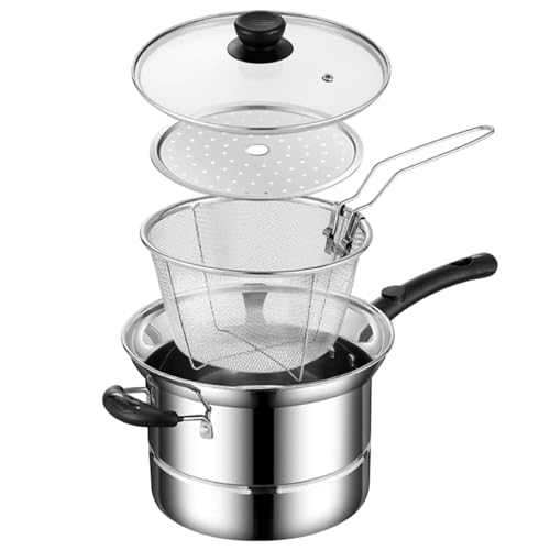 Olla para freír, vaporera de acero inoxidable, freidora de cocina multiusos con cesta y tapa para cocinar papas fritas, mariscos, camarones, 8.66 x 5.91 pulgadas, 930 g