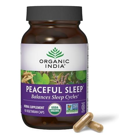 ORGANIC INDIA Peaceful Sleep Herbal Supplement - Deep Sleep Aid, Herbal Sleep Aid for Adults, Natural Sleep Aid Without Melatonin, Supports Sleep Cycles, USDA Certified Organic, Non-GMO - 90 Capsules Cover