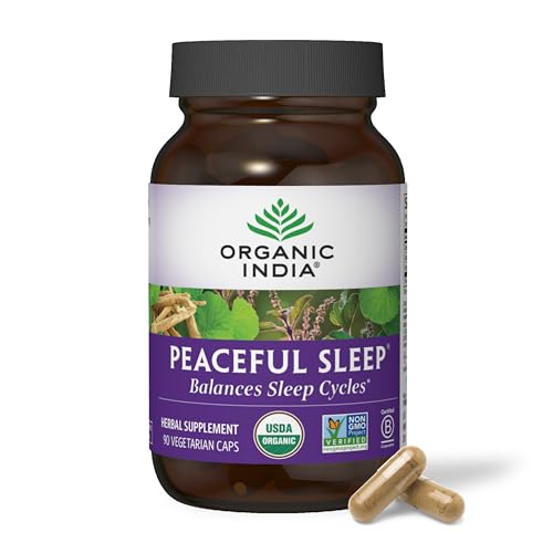 ORGANIC INDIA Peaceful Sleep Herbal Supplement - Deep Sleep Aid, Herbal Sleep Aid for Adults, Natural Sleep Aid Without Melatonin, Supports Sleep Cycles, USDA Certified Organic, Non-GMO - 90 Capsules