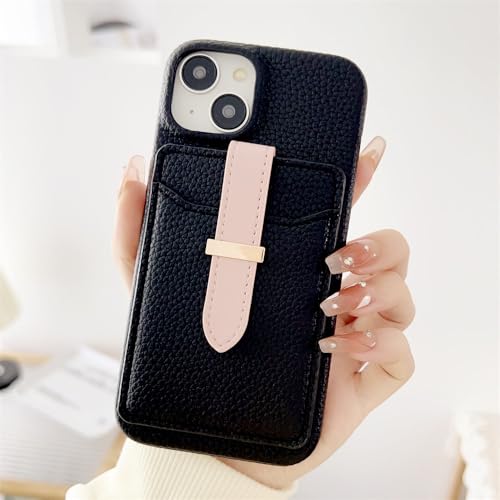 Étui de téléphone iPhone 12 motif litchi noir avec porte-poche intégré