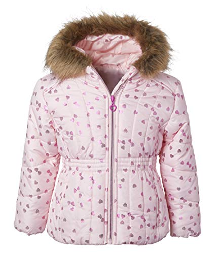Sportoli Girl Winter Dot Heart Foil Print Puffer Jacket Coat Faux Fur Trim Hood - Pink Hearts (Size 6X)2