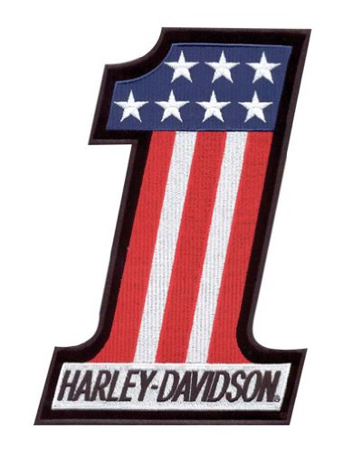 Harley-Davidson® #1 Red, White, and Blue Embroidered Patch. 2'' W x 2 5/8'' H. EM227841