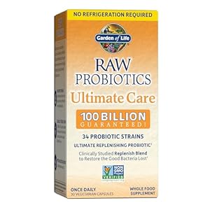 Raw Probiotics – 100 Billion CFU, Shelf Stable, 30 Capsules – For Men and Women, Digestive Enzymes, Clinically Studied Strains – by Garden of Life