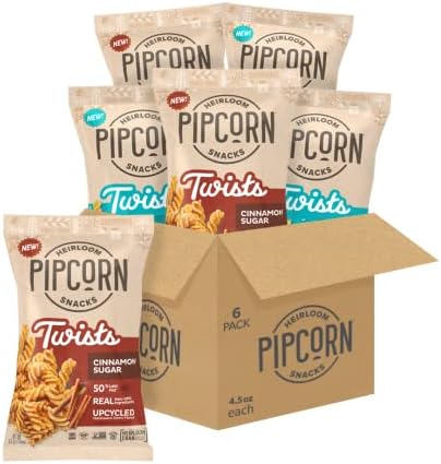 Heirloom Twists Variety Pack by Pipcorn - Cinnamon Sugar and Sea Salt 4.5oz 6 Pack - Gluten Free, Non-GMO Heirloom Corn, Non-Artifical, Preservative Free Snacks