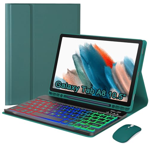 VLEAQC Keyboard Case with Mouse for Samsung Galaxy Tab A8 10.5 2022 (SM-X200/X205/X207) Backlit Detachable Lightweight Keyboard Multi-Angle Stand Case with Pencil Holder (Green)