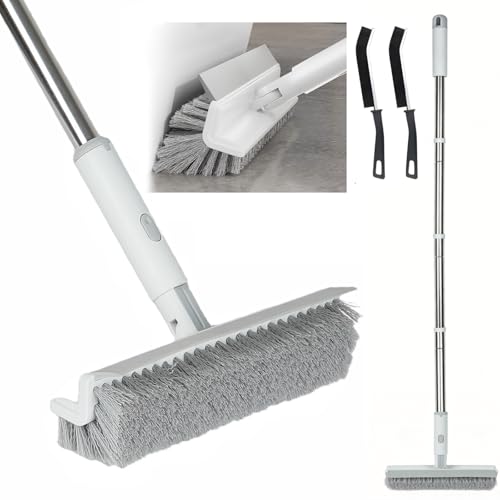 Floor Scrub Brush with Long Handle, 2 in 1 V-Shape Grout Brush with Squeegee + 2 Crevice Cleaning Brushes, Heavy Duty Stiff Bristle Scrubber Brush for Cleaning Shower Bathroom Kitchen Tile