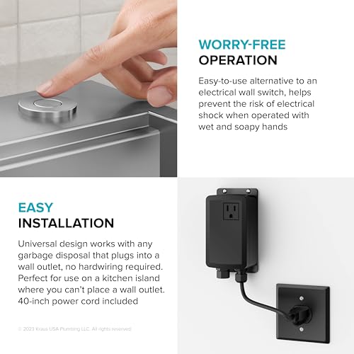 Image of KRAUS Garbage Disposal Air Switch Kit in Spot-Free Stainless Steel with Push Button, AC Adapter, Power Cord, and Air Tube Included, KWDA-200SFS