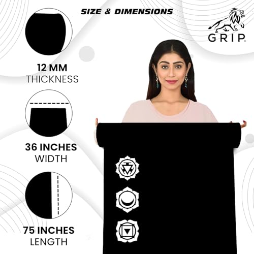Image of GRIP Yoga Mat | Exercise Mat | 36 x 75 Inches | 12mm Thick | 7 Chakras Design | Anti-Slip | Home & Gym | Men & Women | Black Color