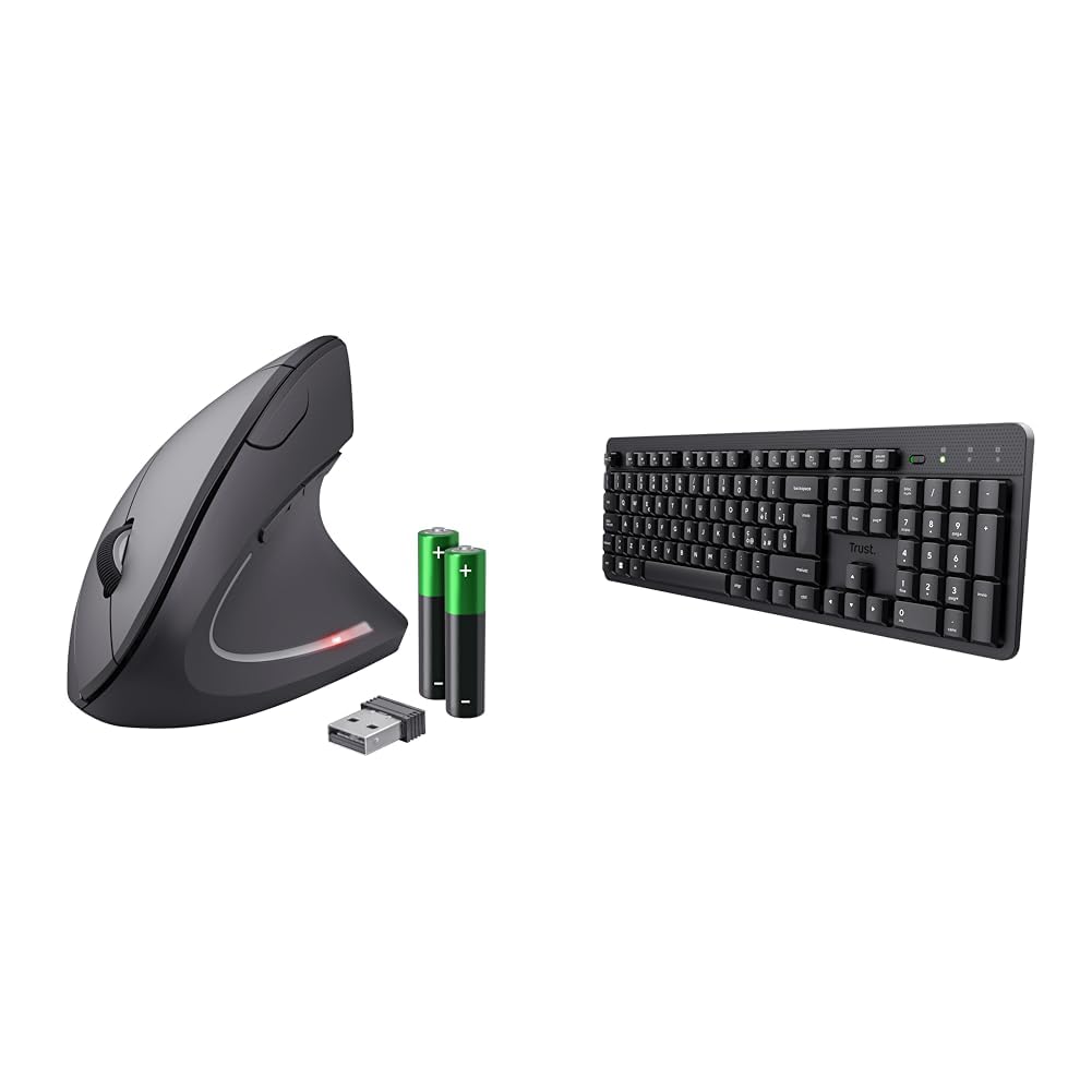 Trust Verto Mouse Verticale Wireless, Ergonomico senza Filo, 800/1200/1600 DPI & Ody II Tastiera Wireless Silenziosa Layout Italiano QWERTY, Tasti a Profilo Ribassato