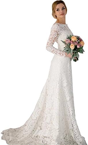 Weiterstar Women's Lace Applique Long Sleeves Open Back Fishtail Wedding Dress