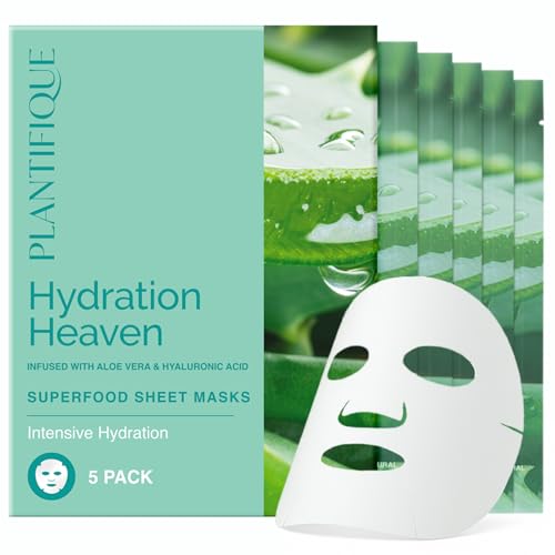 PLANTIFIQUE Koreanische Gesichtsmaske 5-Pack mit Superfoods - Aloe Vera, Hyaluronsäure & Ceramid NP - Feuchtigkeitsspendende und beruhigende Tuchmaske - Korean Face Mask