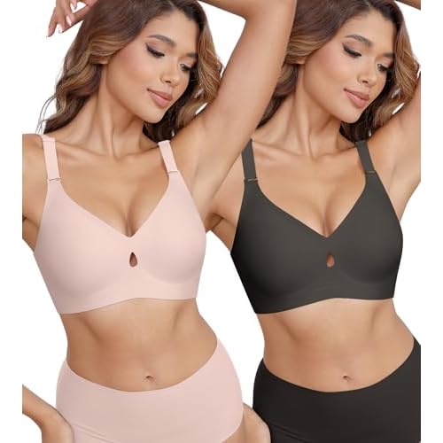 DEANGELMON Bras for Women No Underwire Wireless Push Up Bras - Seamless Full Coverage Bralettes Comfortable Everyday Bra Pink+black Large