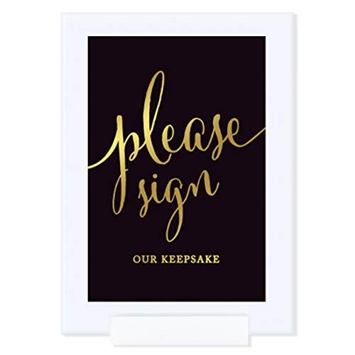 Andaz Press Wedding Framed Party Signs, Black and Metallic Gold Ink, 4x6-inch, Please Sign Our Keepsake Table Sign, Double-Sided, 1-Pack, Includes Frame