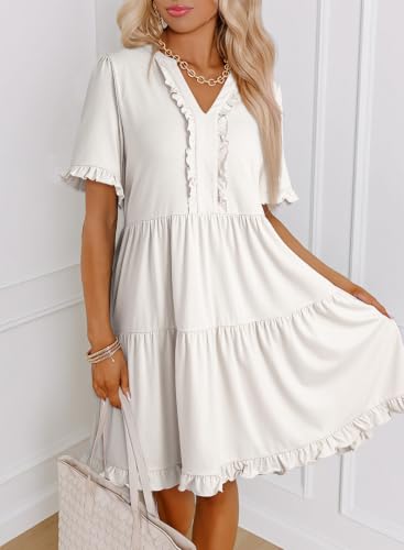 Image of Dokotoo Womens Summer Dresses 2026 V Neck A Line Short Sleeve Casual Ruffle Babydoll Mini Dress