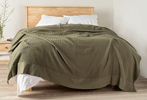 Nitraa 100% Organic Cotton Solid Blanket – Timeless Herringbone Weave And Twill Hems- Throw Blanket With Classic Blanket Stitch- Yarn Dyed- Soft & Durable- Oeko-Tex Certified (Sage Green, Full/Queen) #TOP3