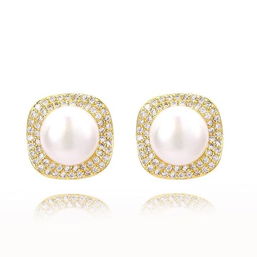 Pearl Earrings Studs 925 Sterling Silver 9MM Cultured Freshwater Pearl Cubic Zirconia Button Stud Earrings