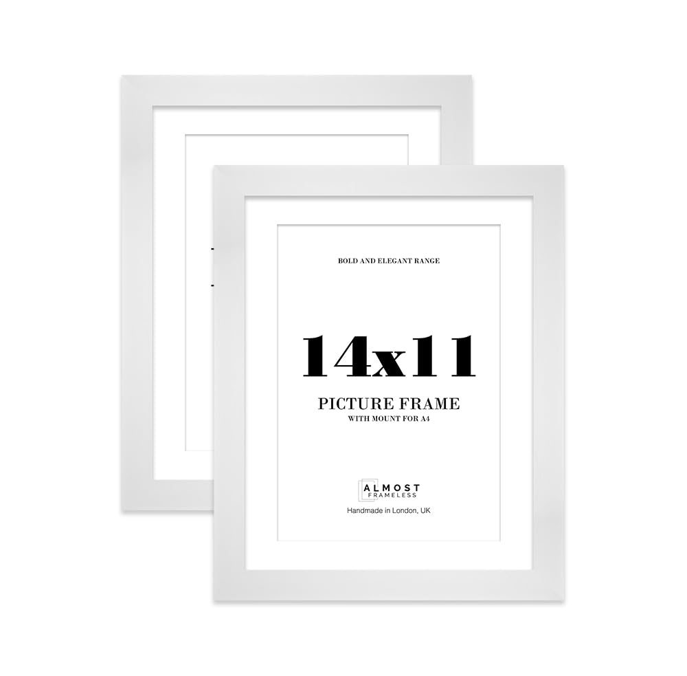 14x11 White Frame With Mount for A4 Pictures 28mm Edge Portrait and Landscape Display with Wall Hooks and Kickstand, 2 Pack