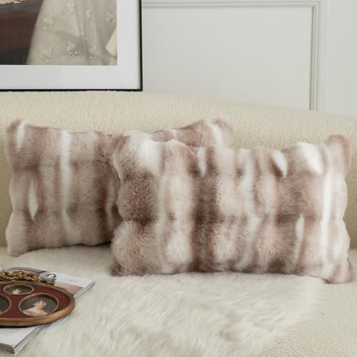 Image of MANDIOO Pack of 2 Thick Plush Wool Decorative Throw Pillow Covers Super Soft Wave Bubble Fur Velvet Cushion Covers Pillow Shams for Couch Bed Living Room 12x20 Inch White Taupe