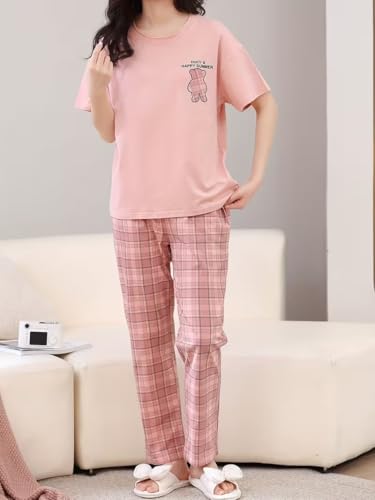 Image of SHIENZY Women Korean Style Night Suit | Round Neck Short Sleeve Cute Printed Cotton Pajama Set for Girls & Women | Soft Nightwear, Loungewear, Sleepwear for Women | Full Pyjama Set | Co-ord Set