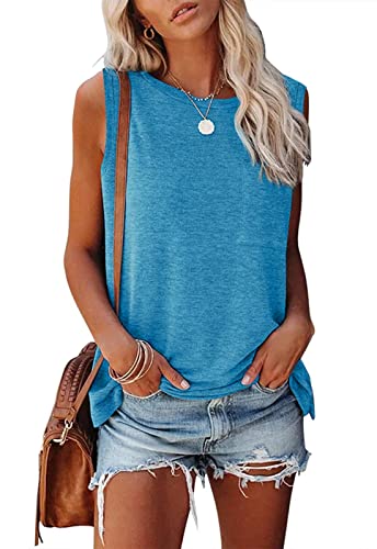 Mirol Women's Sleeveless Tank Tops Basic Loose Tunic T Shirts Batwing Sleeve Solid Color Casual Tee With Pocket Lightblue #TOP26