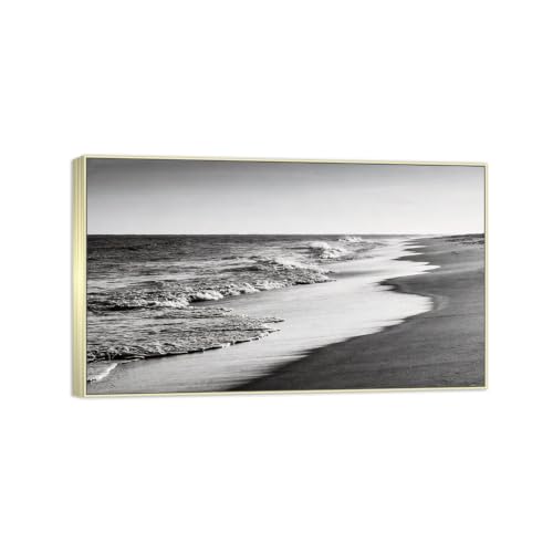 Tableau mer noir et blanc 70x120cm avec cadre argenté de prestige