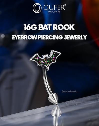OUFER Bat Halloween Rook Piercing Jewelry, 316L Surgical Steel Eyebrow Piercing Jewelry, Multicolor Glitter Rook Earrings for Women, Hypoallergenic Eyebrow Rings, 16G 8mm Curved Barbell3